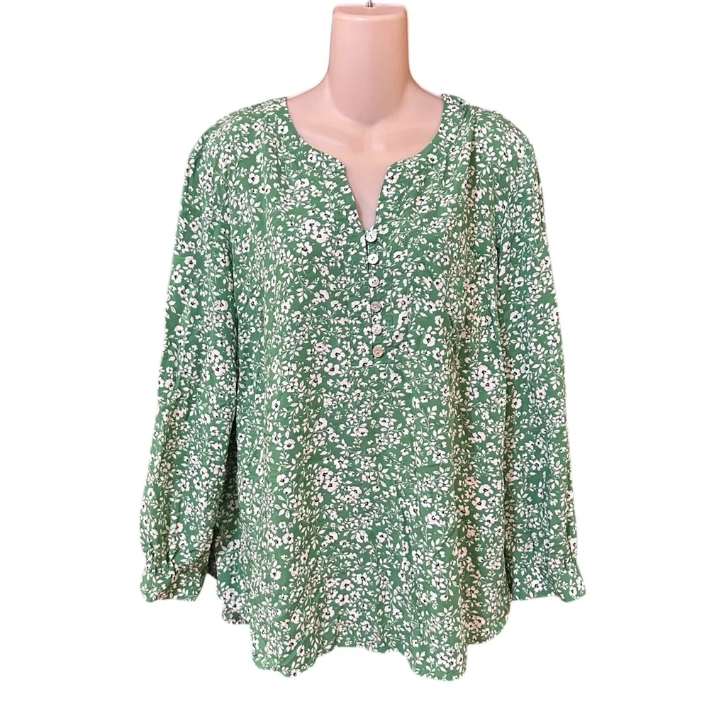 J Jill Rayon Green Ditsy Floral Print‎ Henley Neck Long Sleeve Tunic Size XLP - Picture 2 of 11